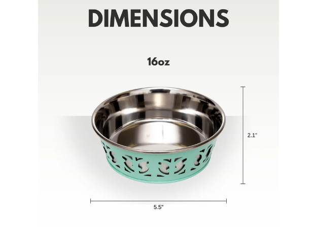 Stainless steel pet bowl with dimensions on a white background