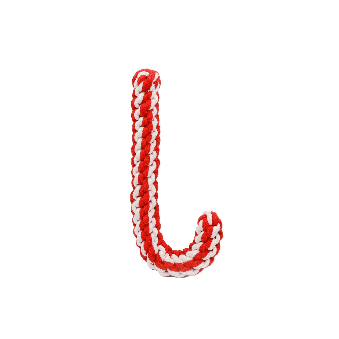 Red and white dog rope toy on a white background