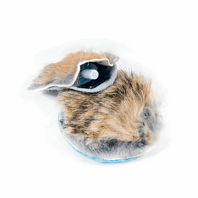 Natural rabbit fur squeaker training dog toy on a white background