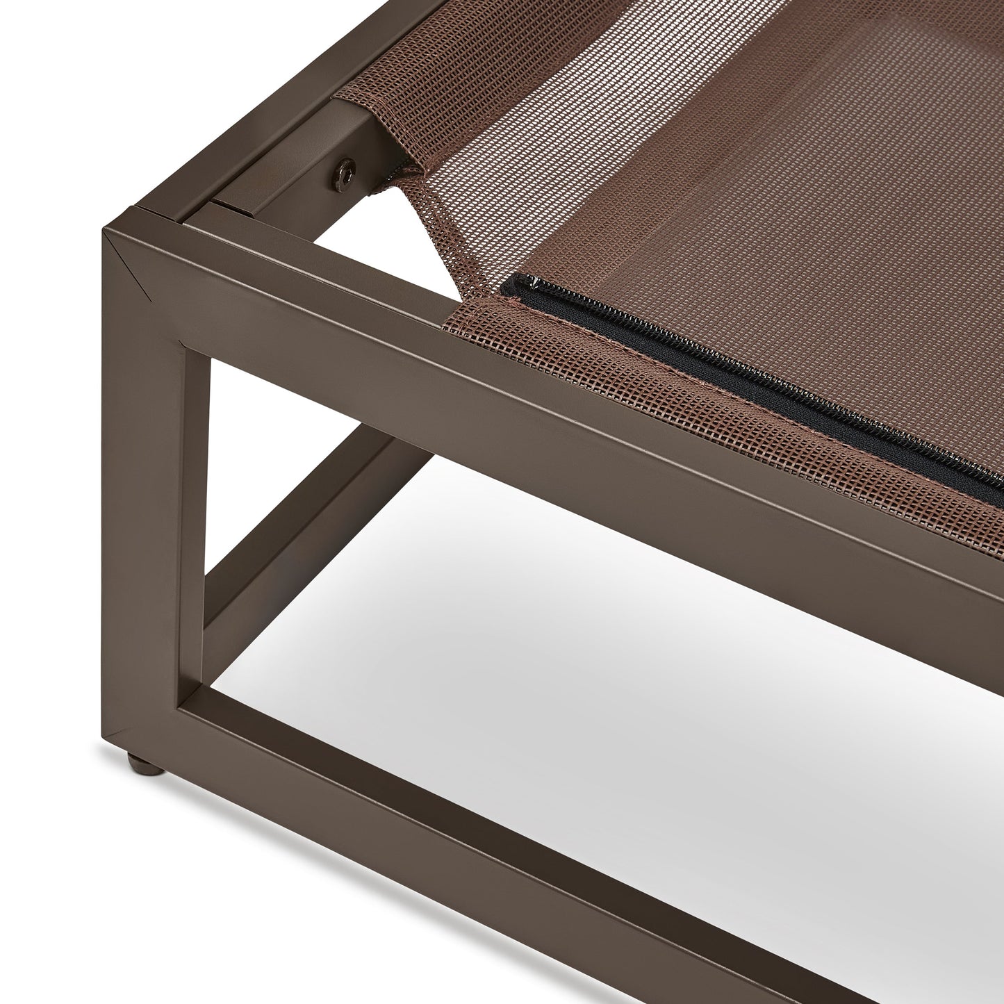 Brown outdoor lounge chair with mesh backrest on a white background