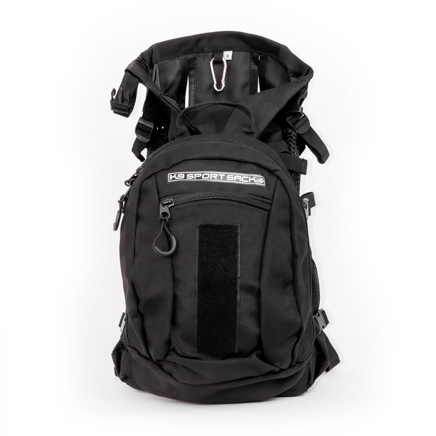 Black backpack with visible branding on a white background