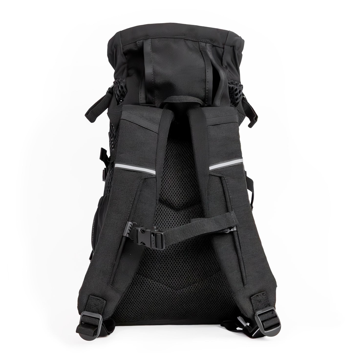 Black backpack with multiple straps and compartments on a white background
