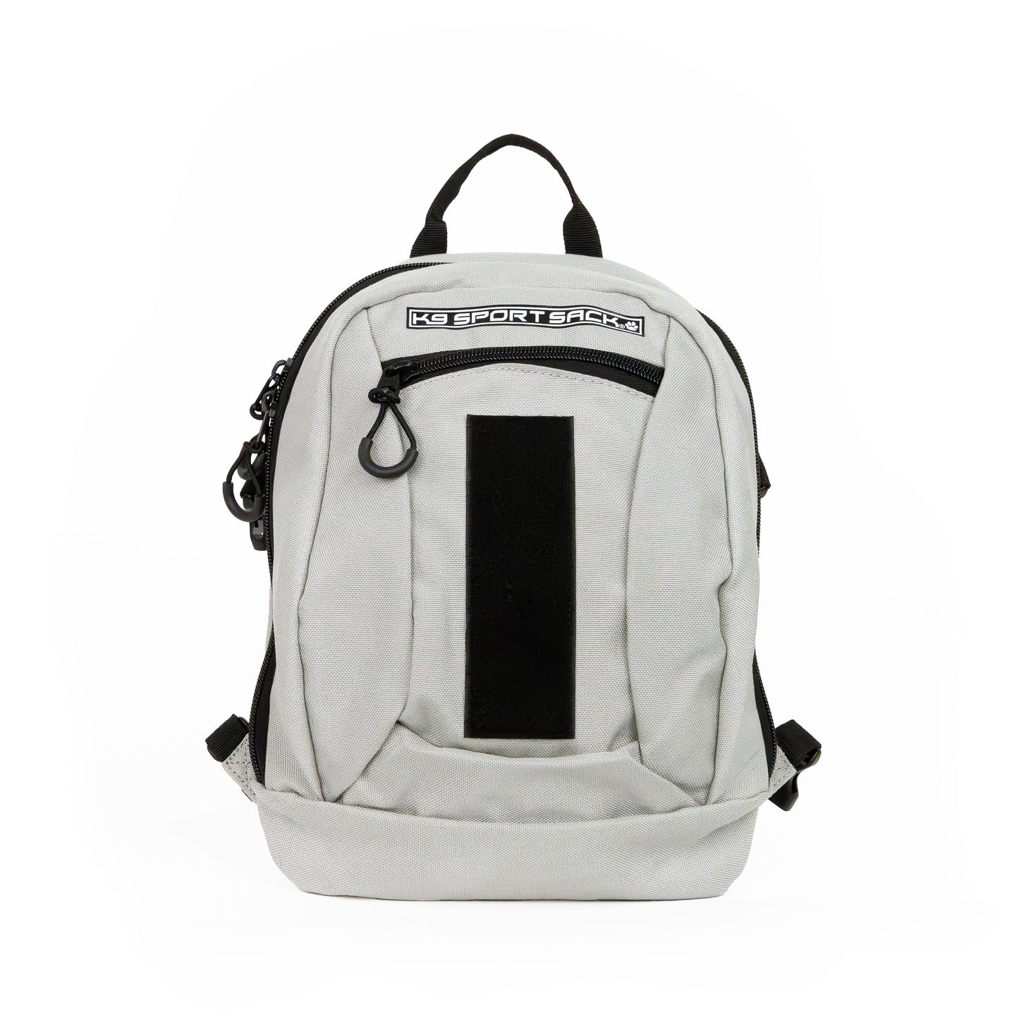 Gray backpack with a black patch on a white background