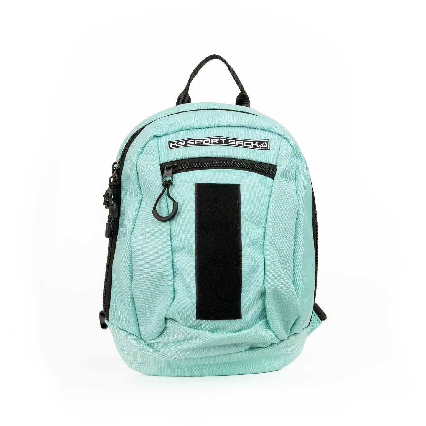 Light blue backpack with black accents on a white background