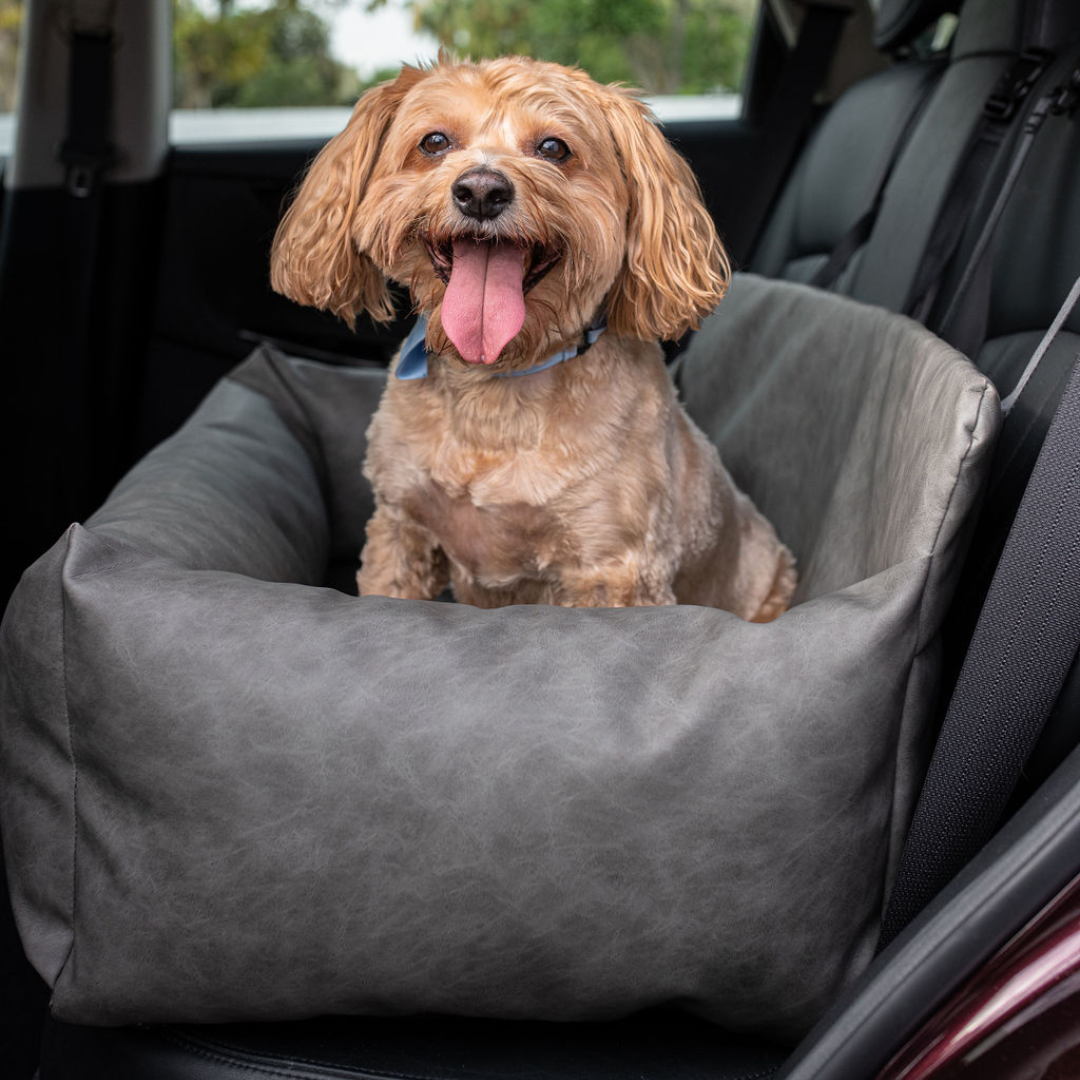 PupProtector™ Faux Leather Memory Foam Dog Car Bed in Slate Gray Happy Dog