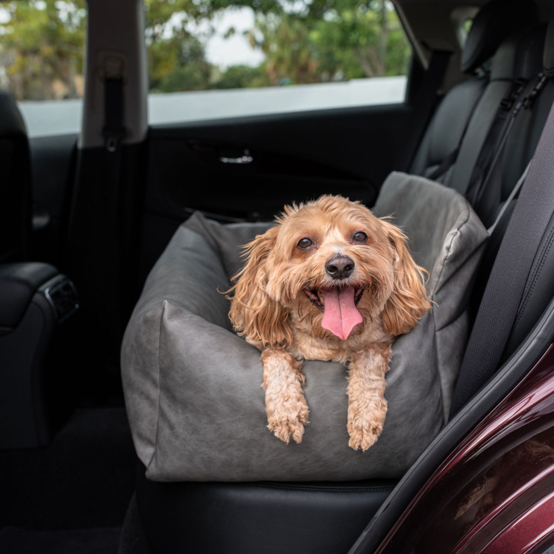 PupProtector™ Faux Leather Memory Foam Dog Car Bed in Slate Gray double seat dog happy dog