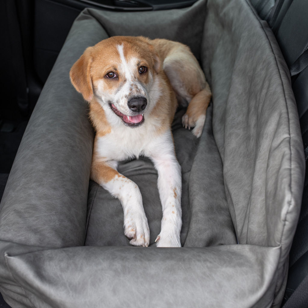 PupProtector™ Faux Leather Memory Foam Dog Car Bed in Slate Gray double seat happy dog