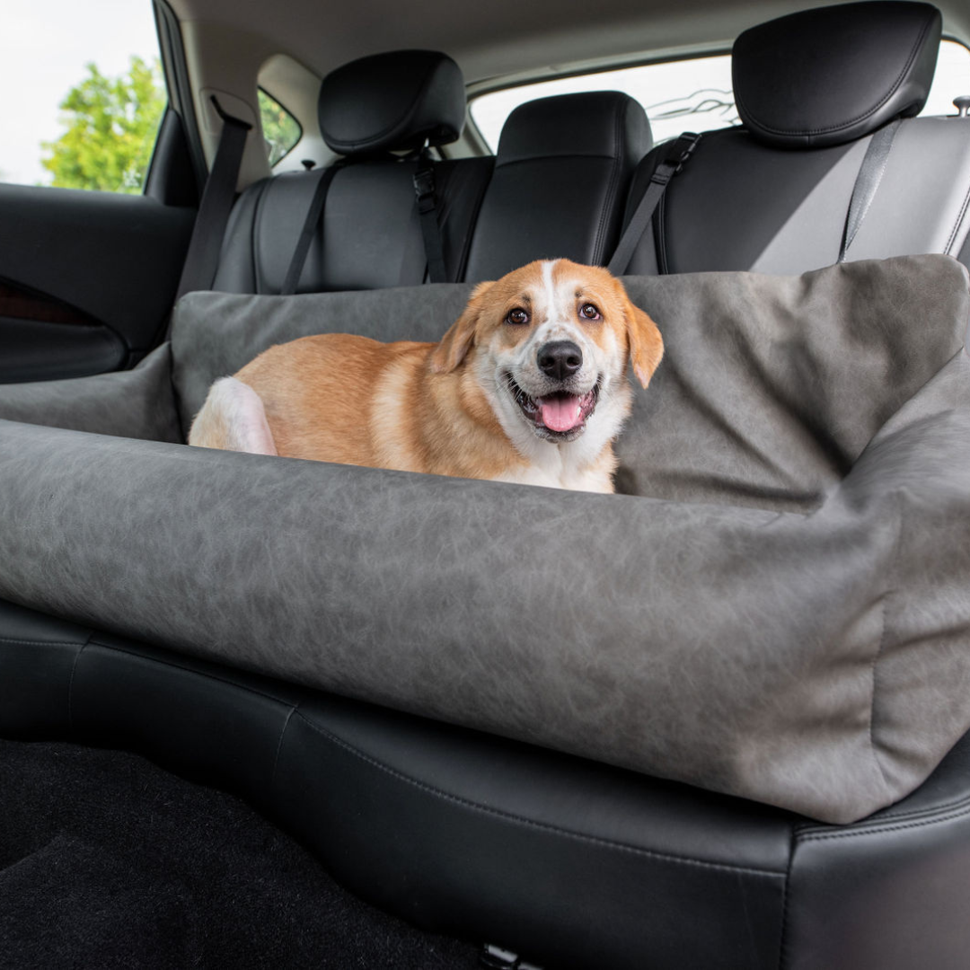 PupProtector™ Faux Leather Memory Foam Dog Car Bed in Slate Gray full back seat dog happy dog