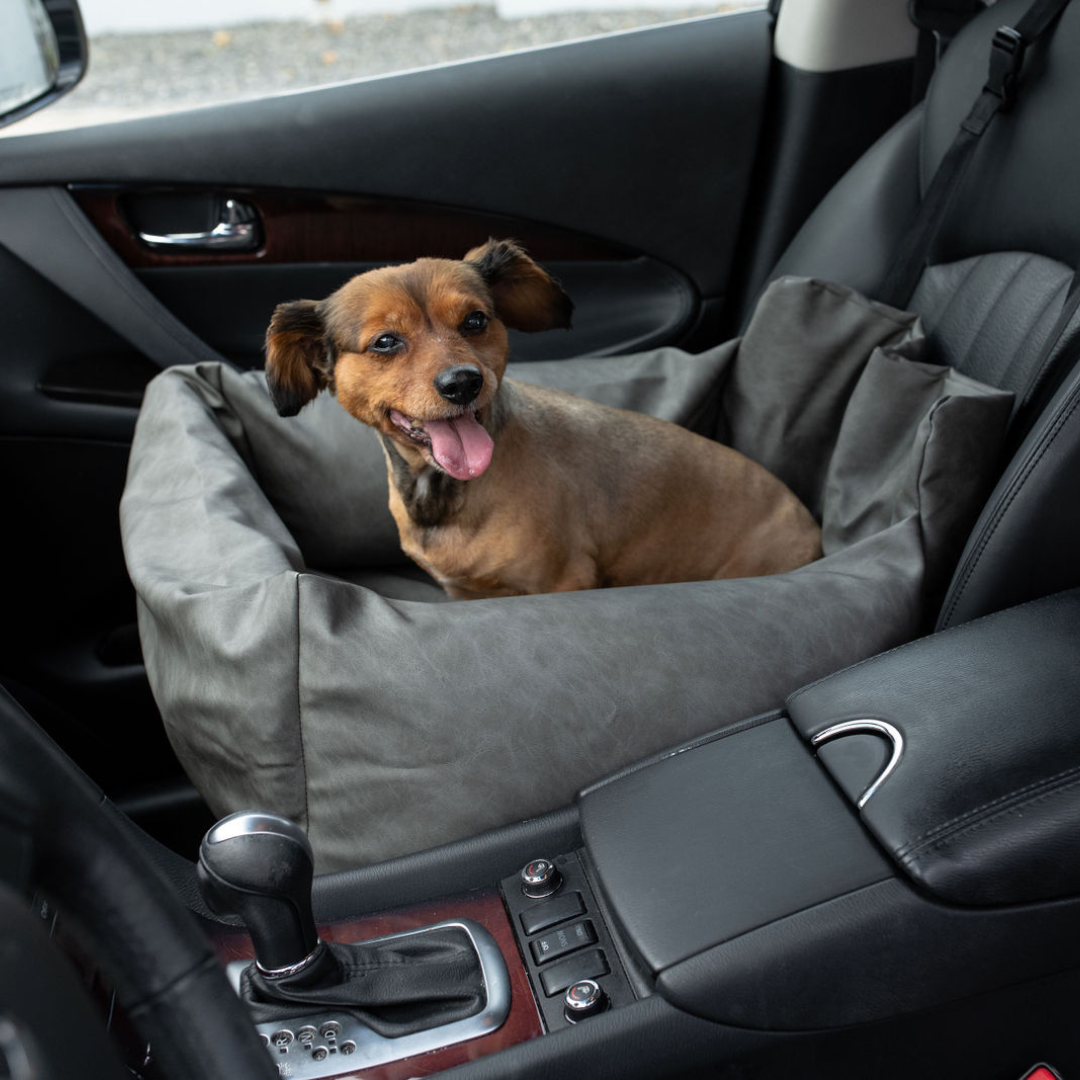 PupProtector™ Faux Leather Memory Foam Dog Car Bed in Slate Gray single seat happy dog
