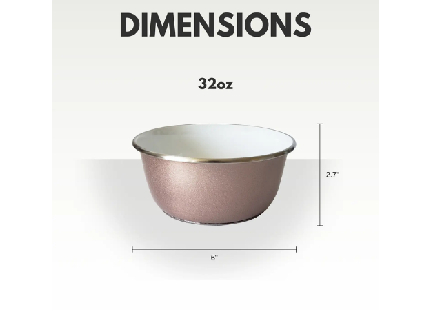 Measurement chart showing a 32oz dog bowl with dimensions on a white background
