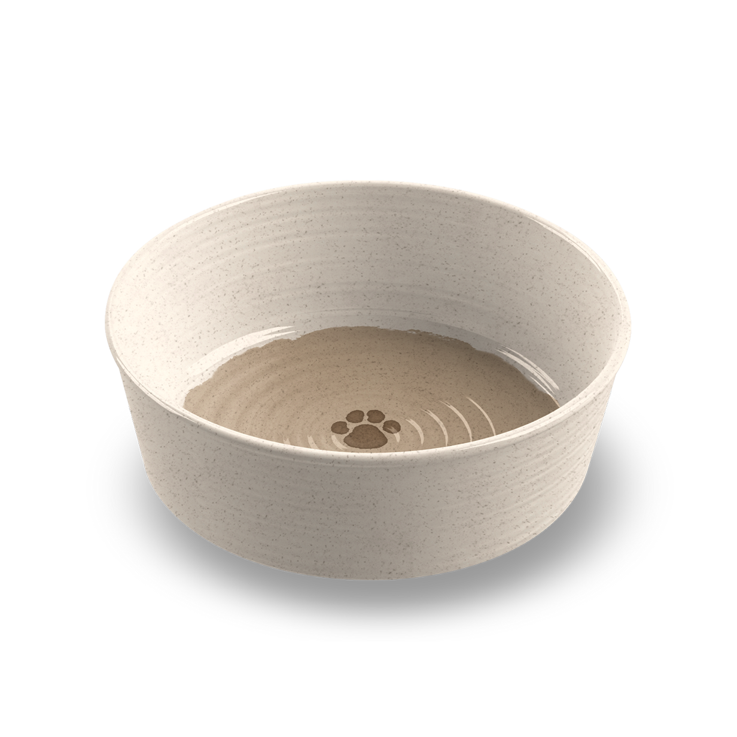 Beige pet bowl with paw print design on a white background