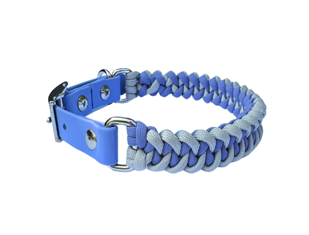 Blue and gray braided dog collar on a white background