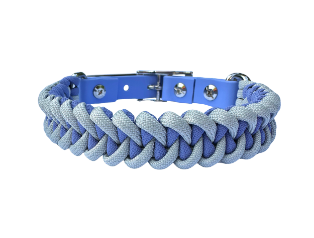 Dog collar with blue and gray braided design on a white background
