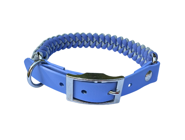 Blue braided dog collar with metal buckle on a white background