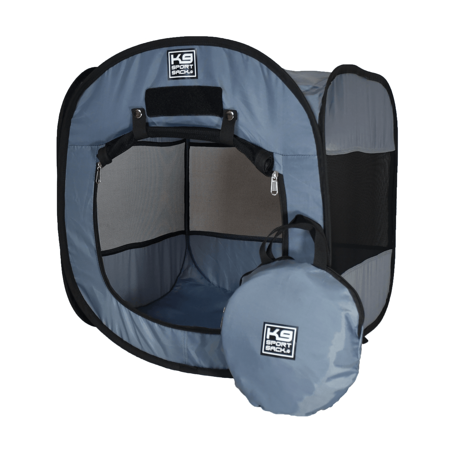Pop-up dog playpen with carrying bag on a white background