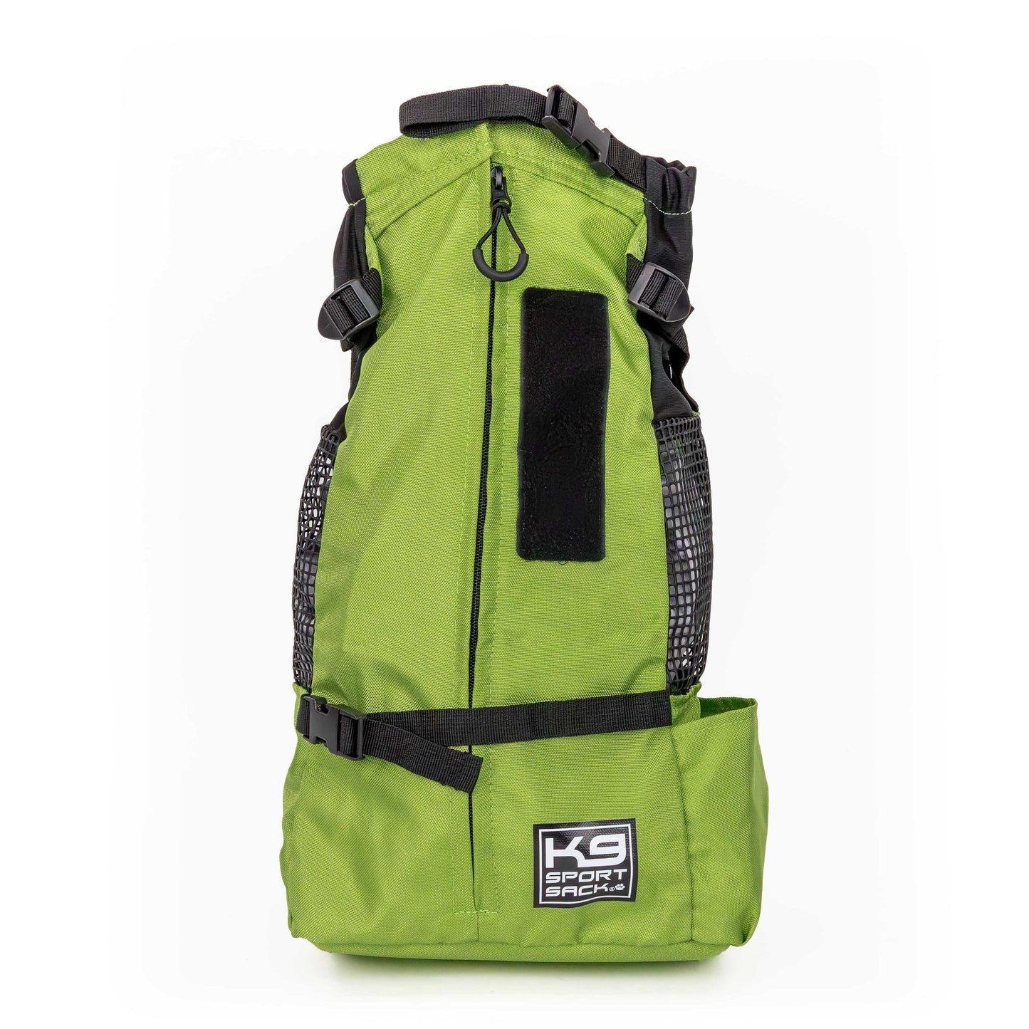 Green backpack with black straps on a white background