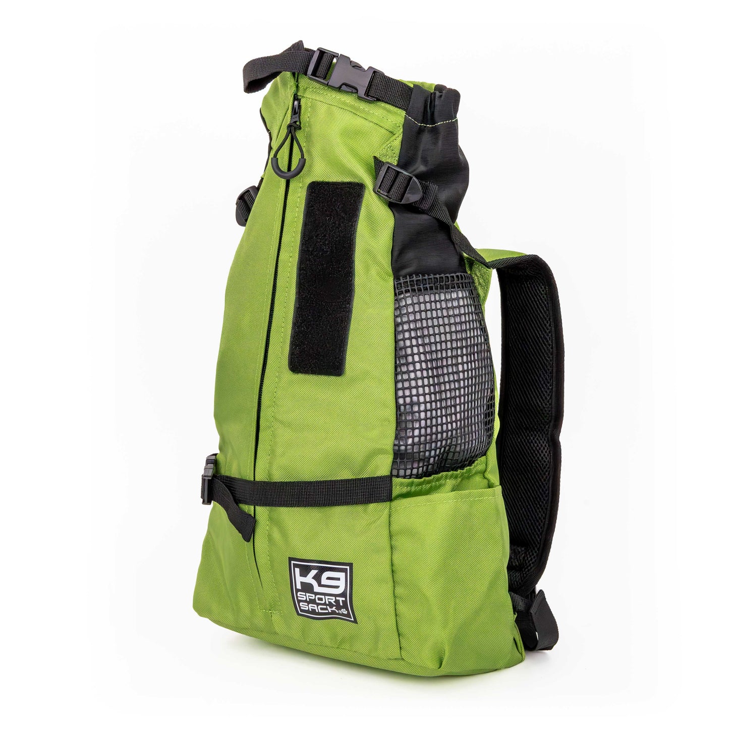 Green backpack with black straps on a white background