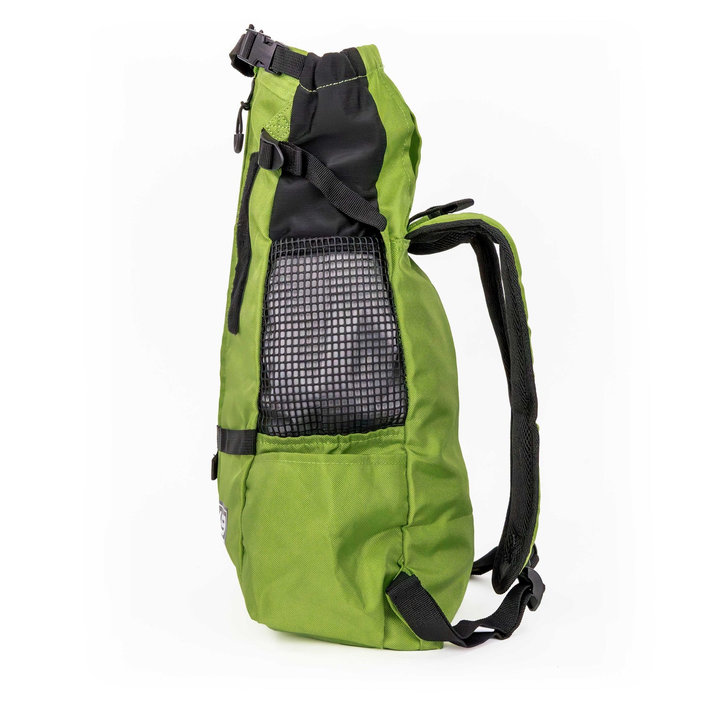 Green backpack with black straps on a white background