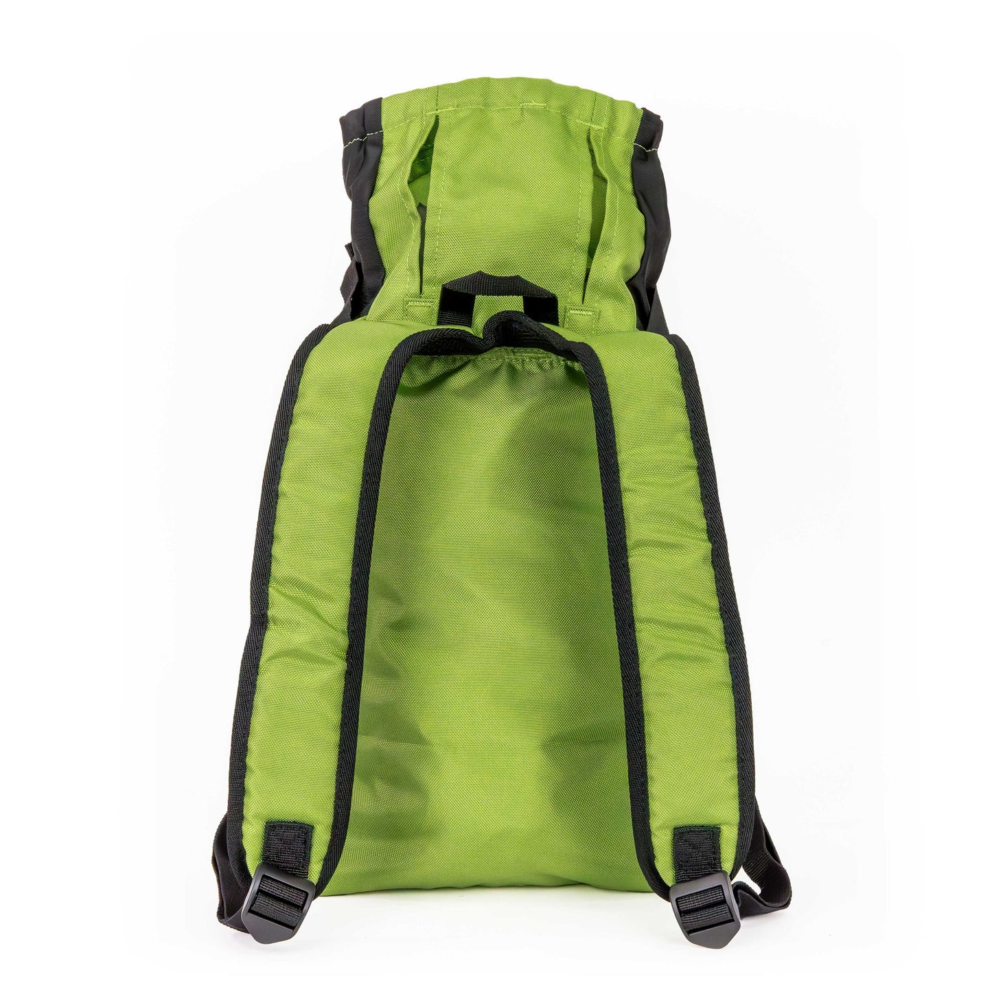 Green drawstring bag with black straps on a white background