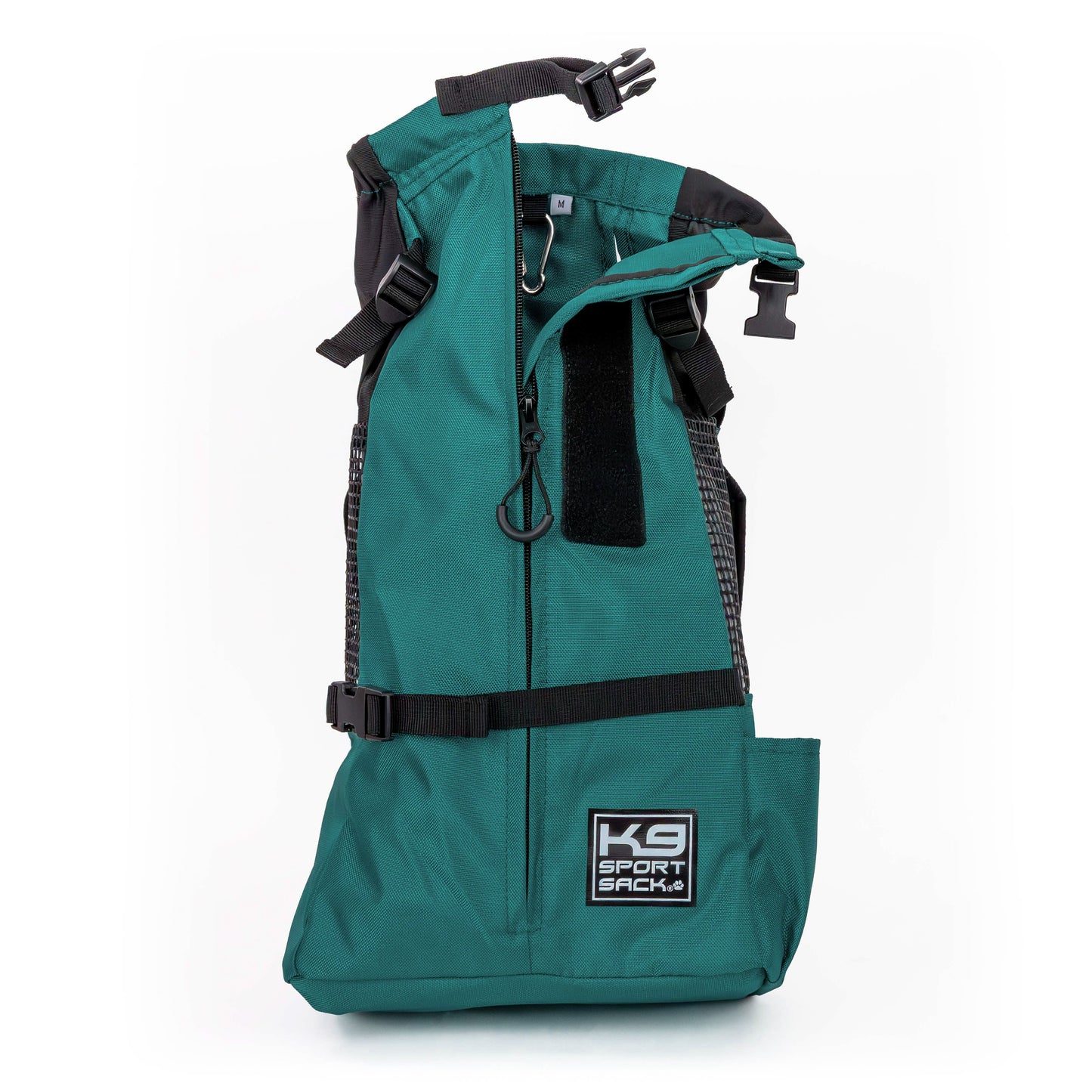 Teal backpack with black straps on a white background