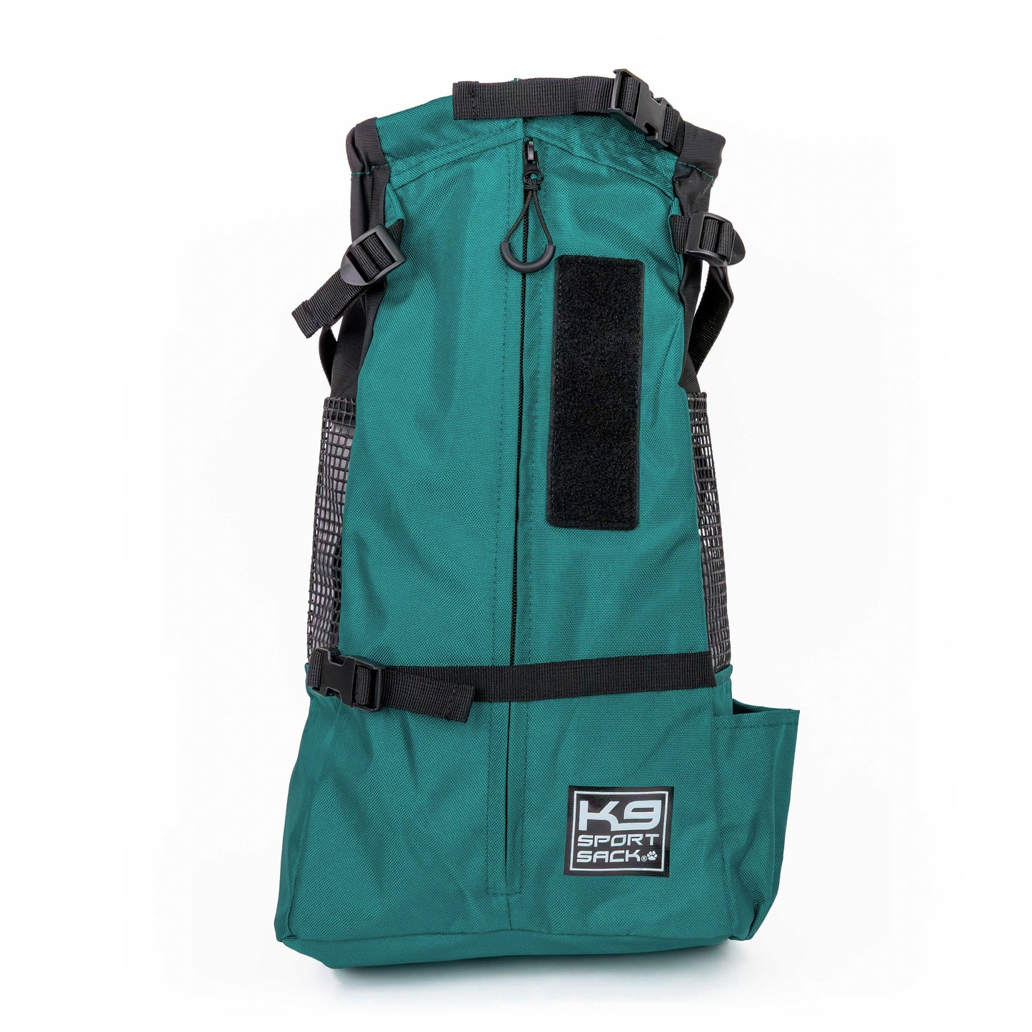 Teal backpack with black straps and a visible brand logo on a white background