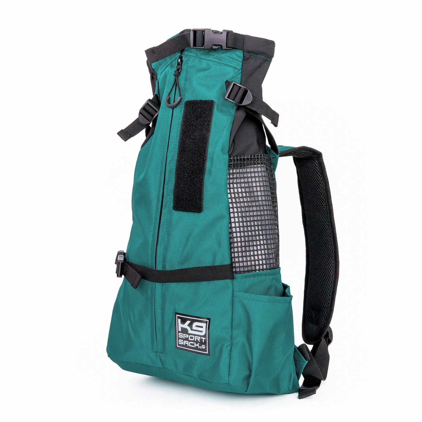 Teal backpack with black straps on a white background