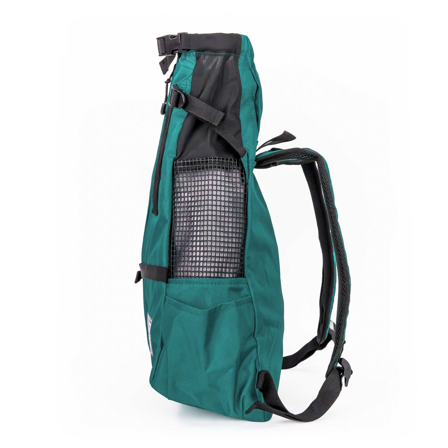 Green backpack with black straps on a white background