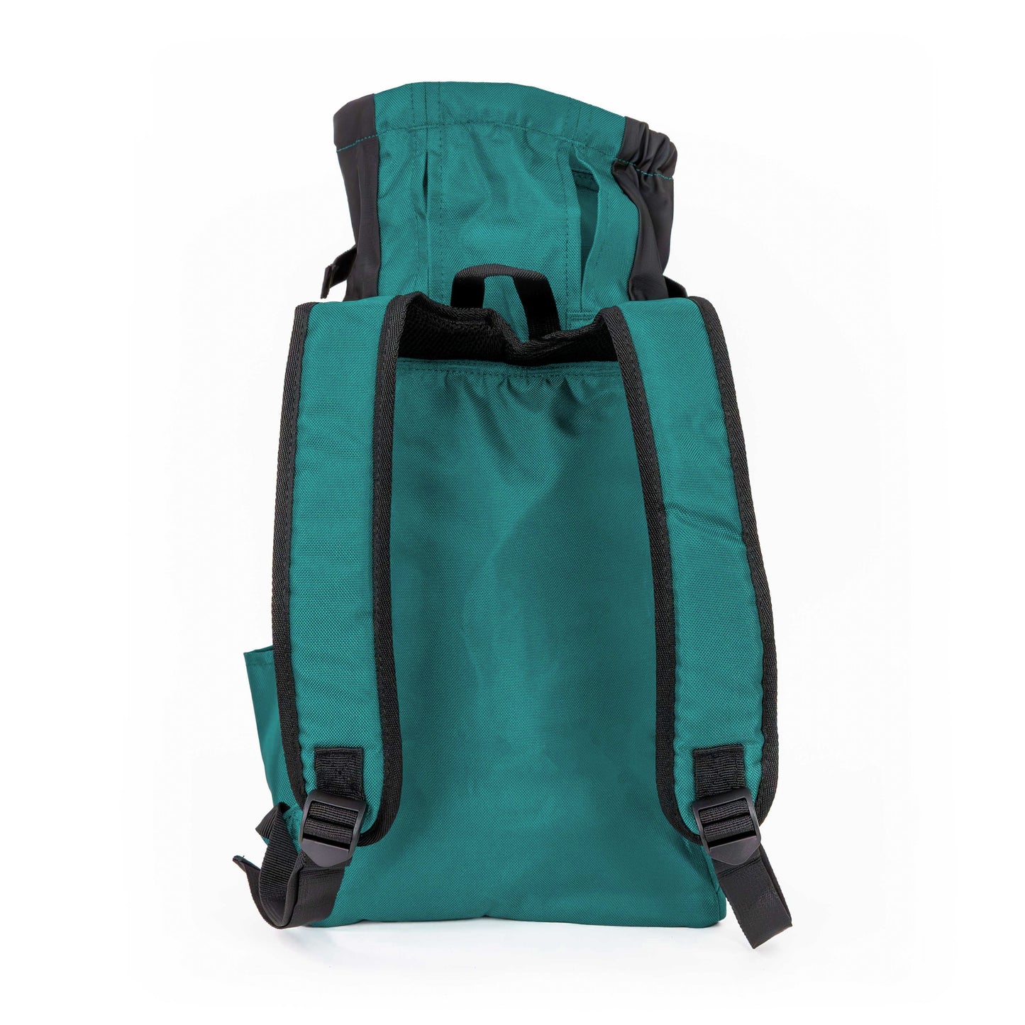 Green backpack with black straps on a white background