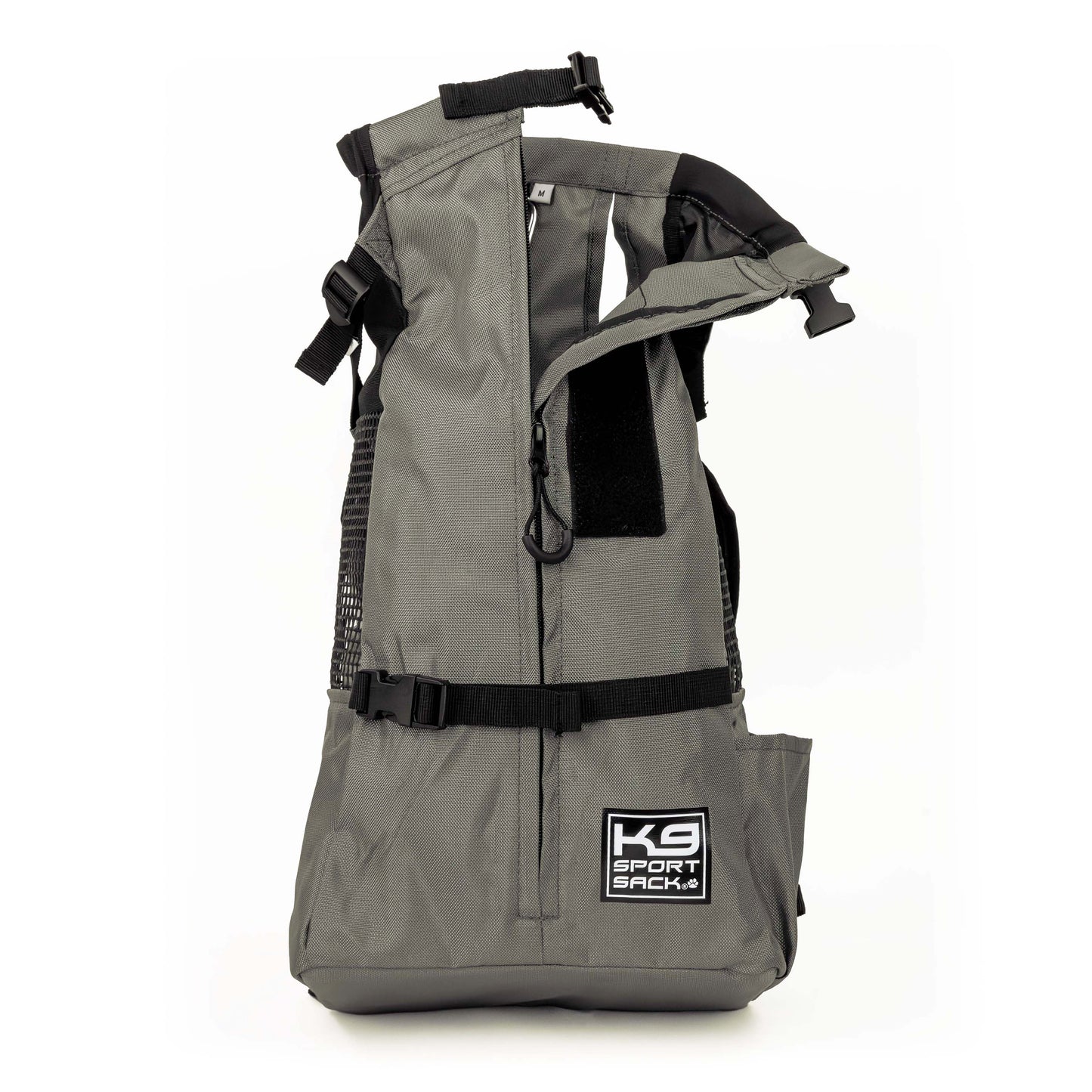 Gray dog backpack with black straps on a white background, featuring the K9 Sport Pack logo.
