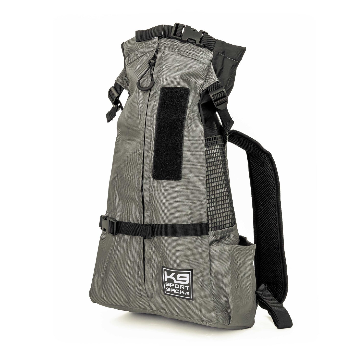 Gray backpack with black straps on a white background
