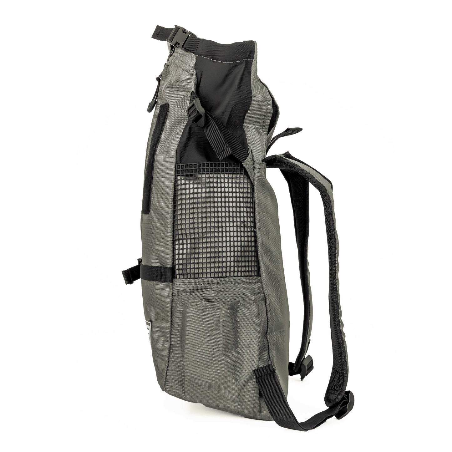 Gray backpack with black straps on a white background
