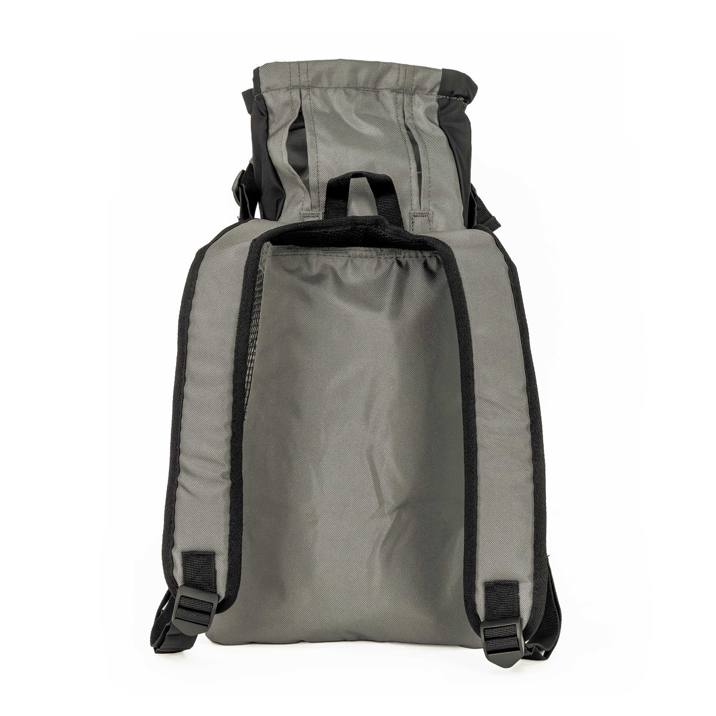 Gray backpack with black straps on a white background