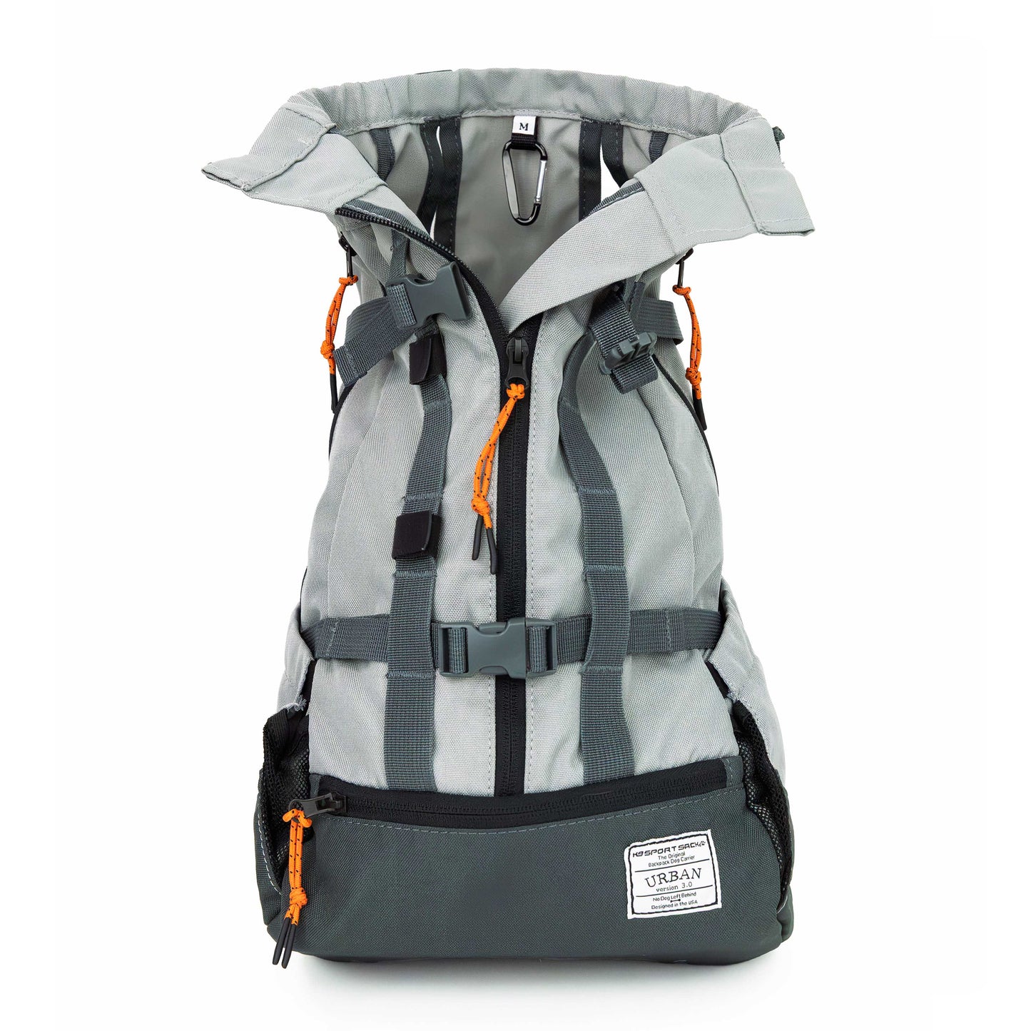 Gray backpack with orange accents on a white background