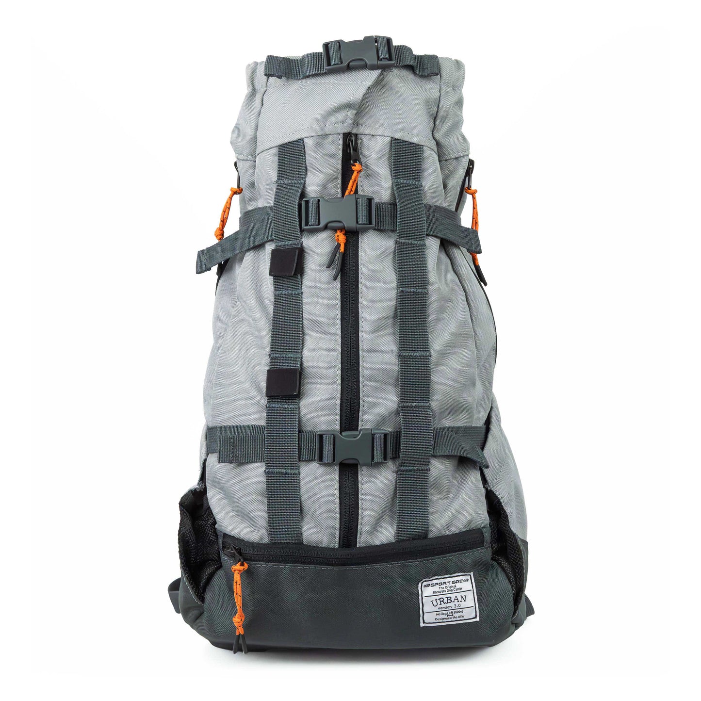 Gray backpack with black straps and orange accents on a white background