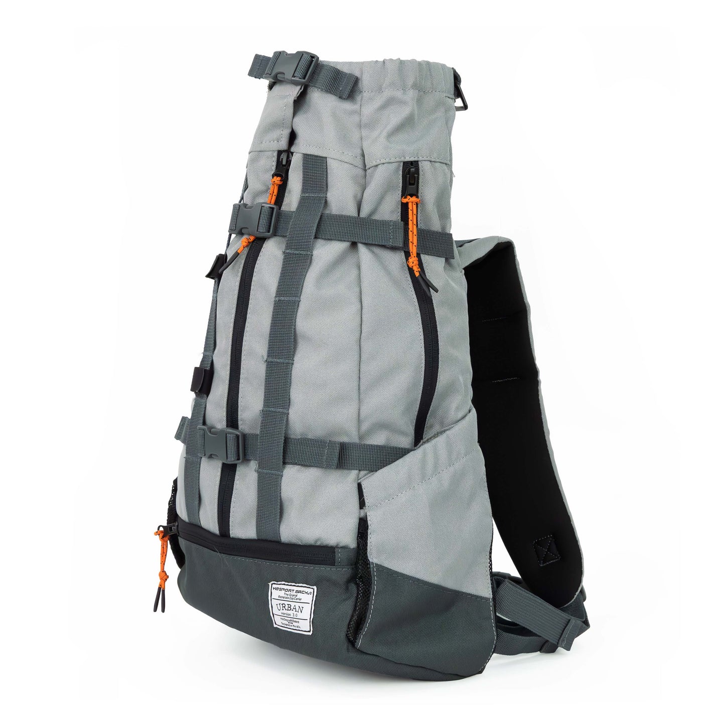 Gray backpack with black straps and orange accents on a white background
