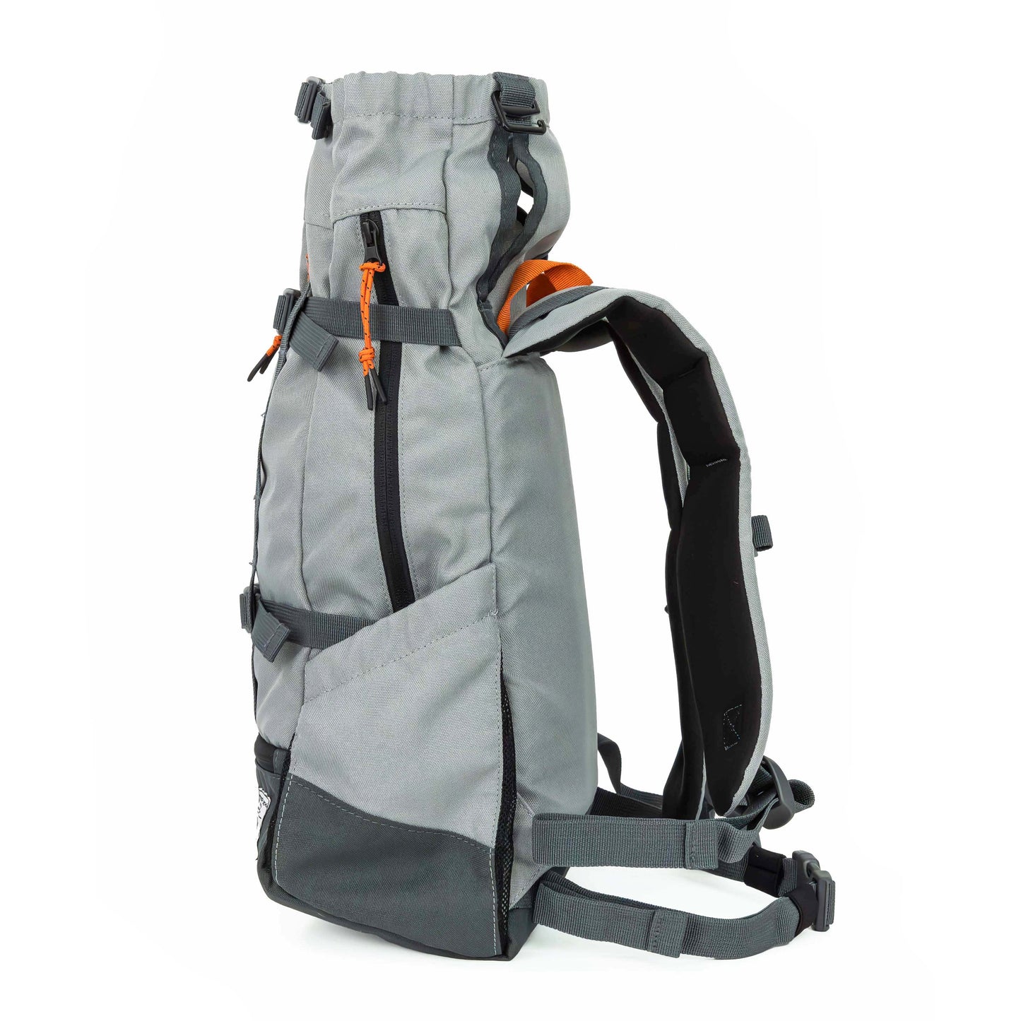 Gray backpack with orange accents on a white background