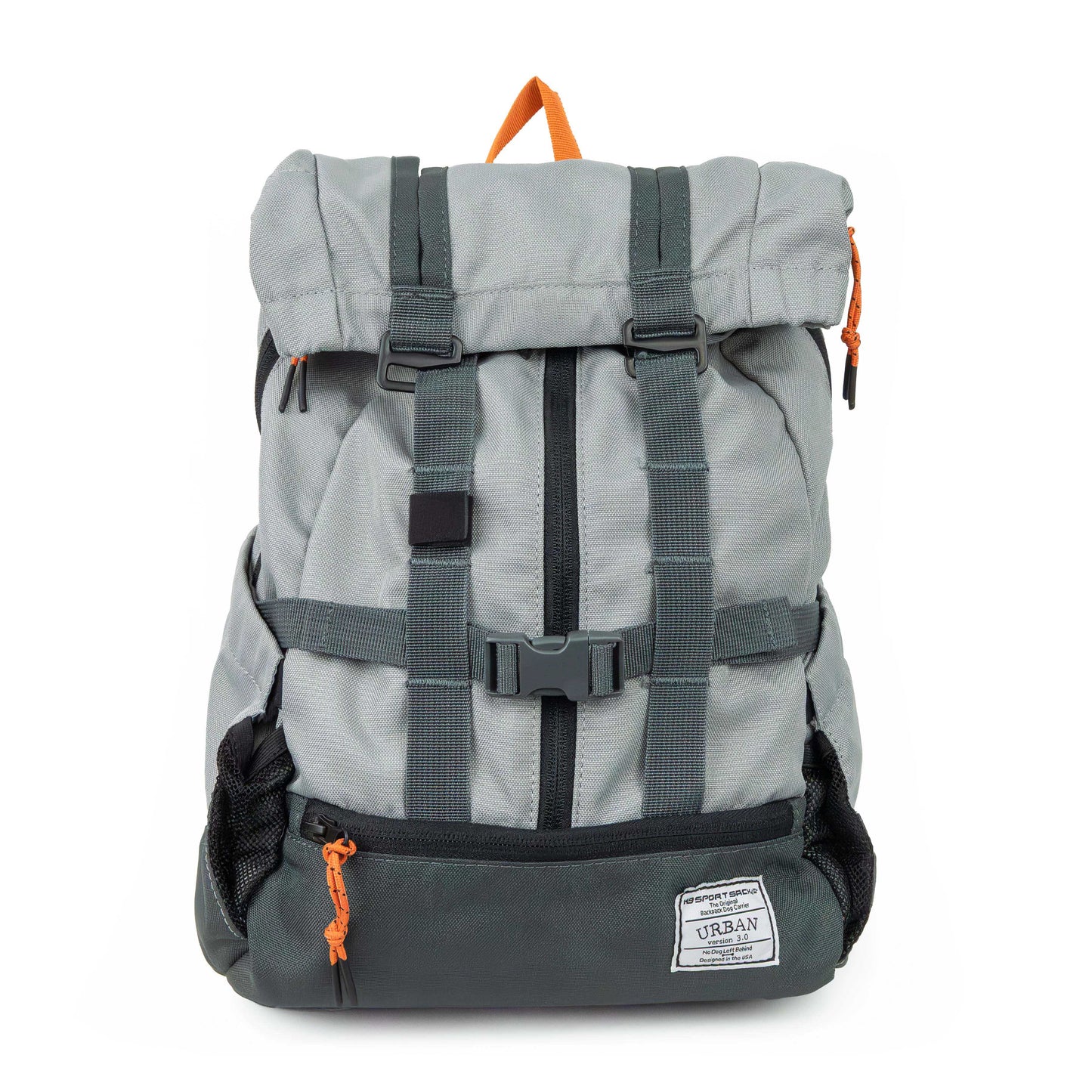 Gray backpack with orange accents on a white background