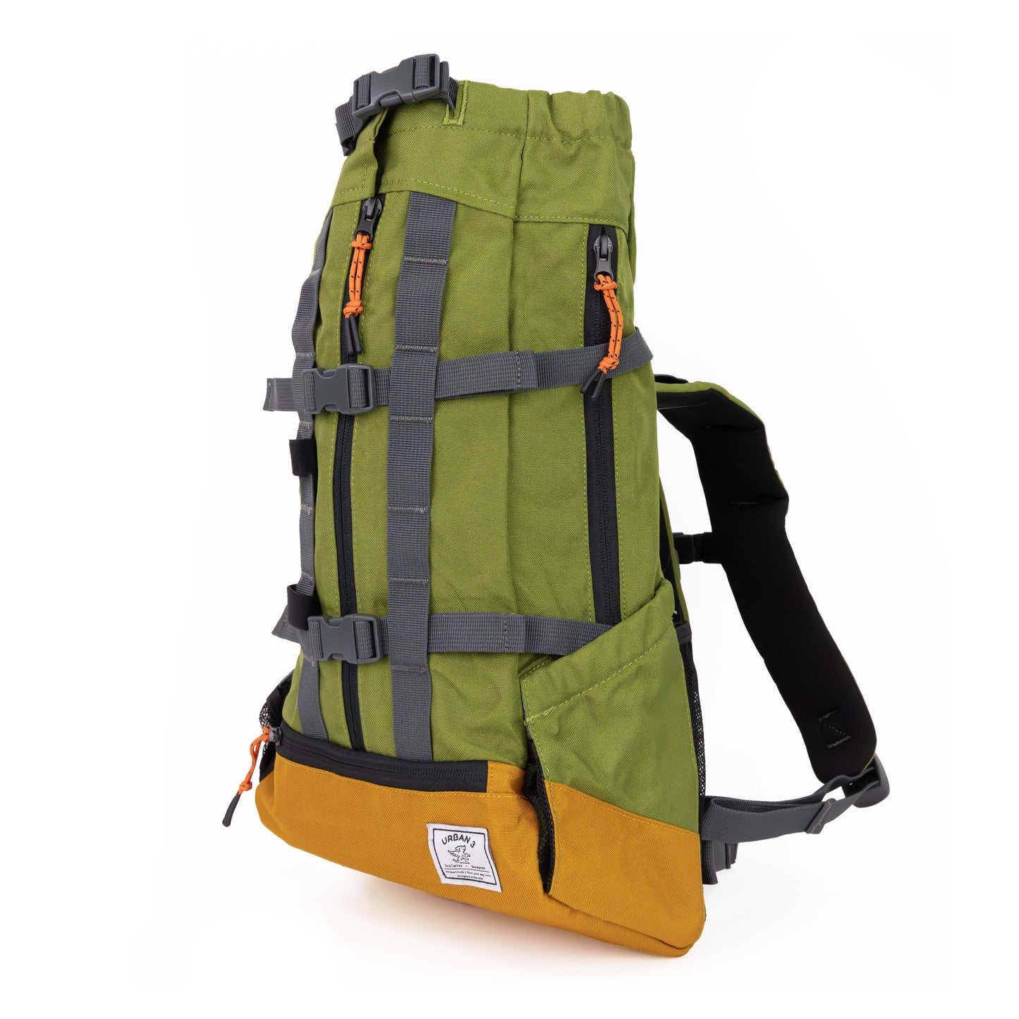 Green and orange backpack with multiple straps on a white background