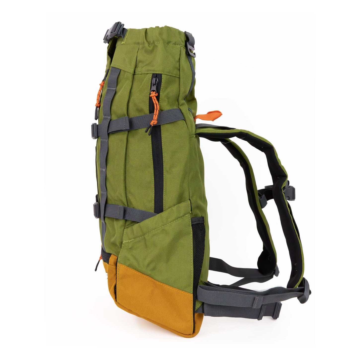 Green and orange backpack with multiple straps on a white background