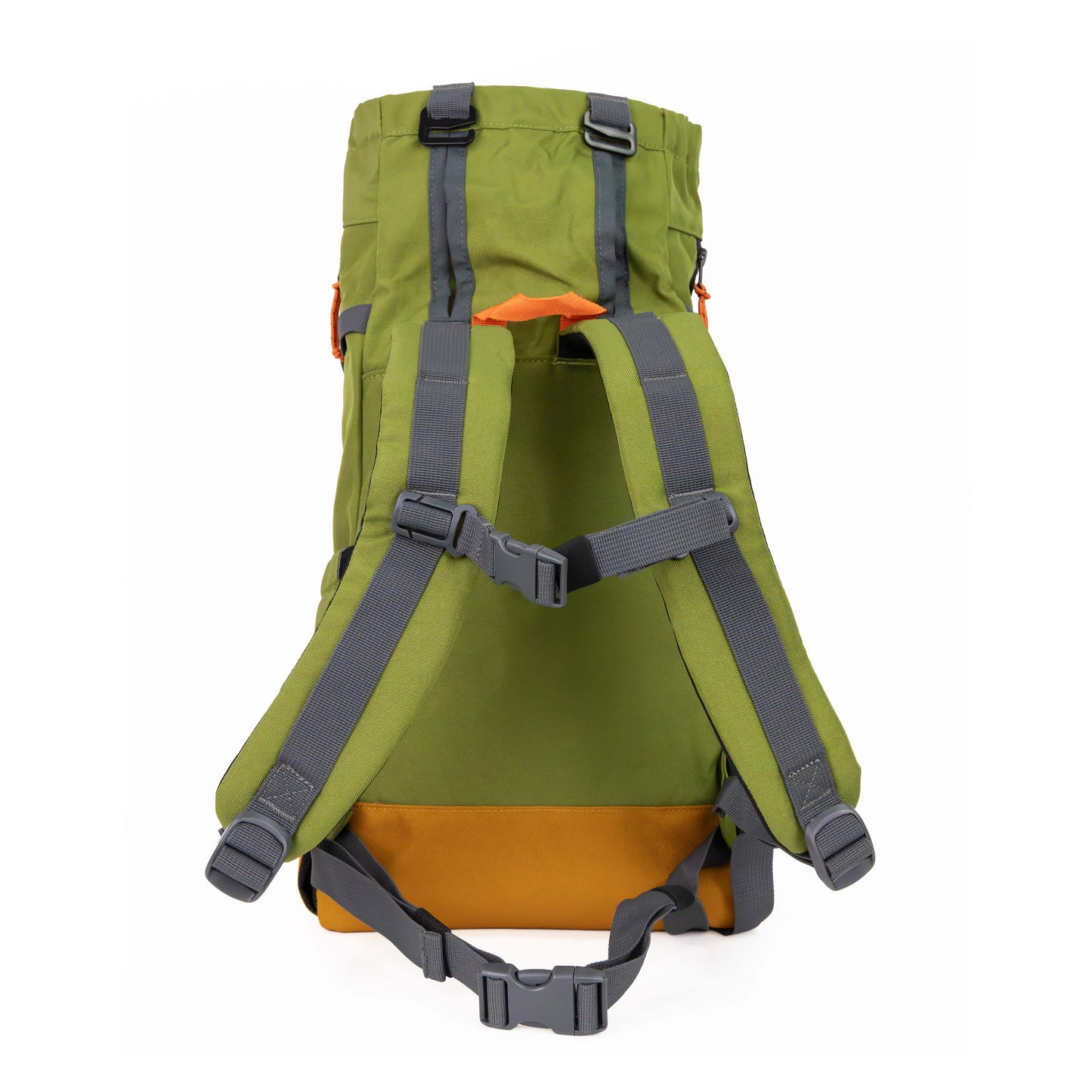 Green and orange backpack with gray straps on a white background