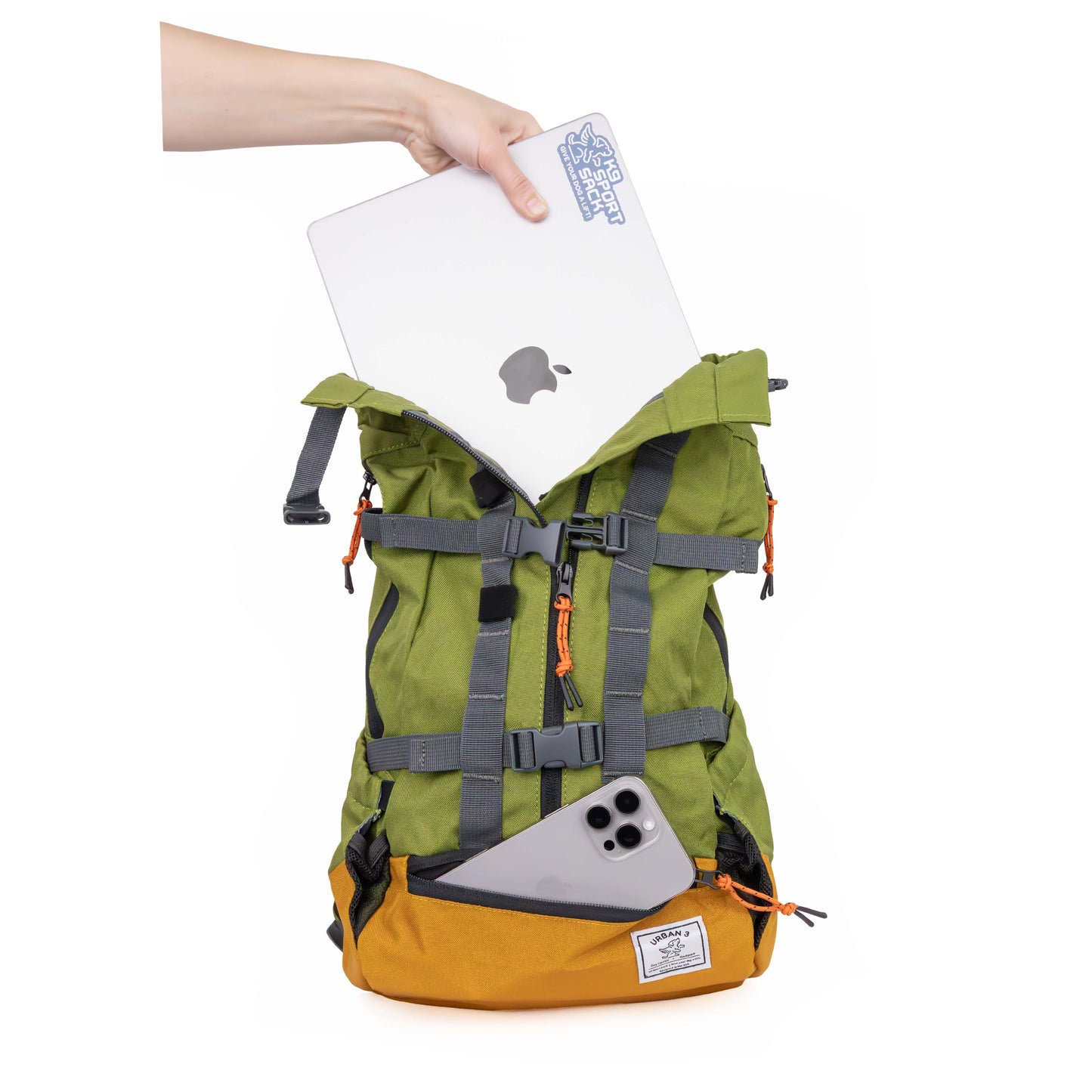 Green and orange backpack with a laptop and phone on a white background