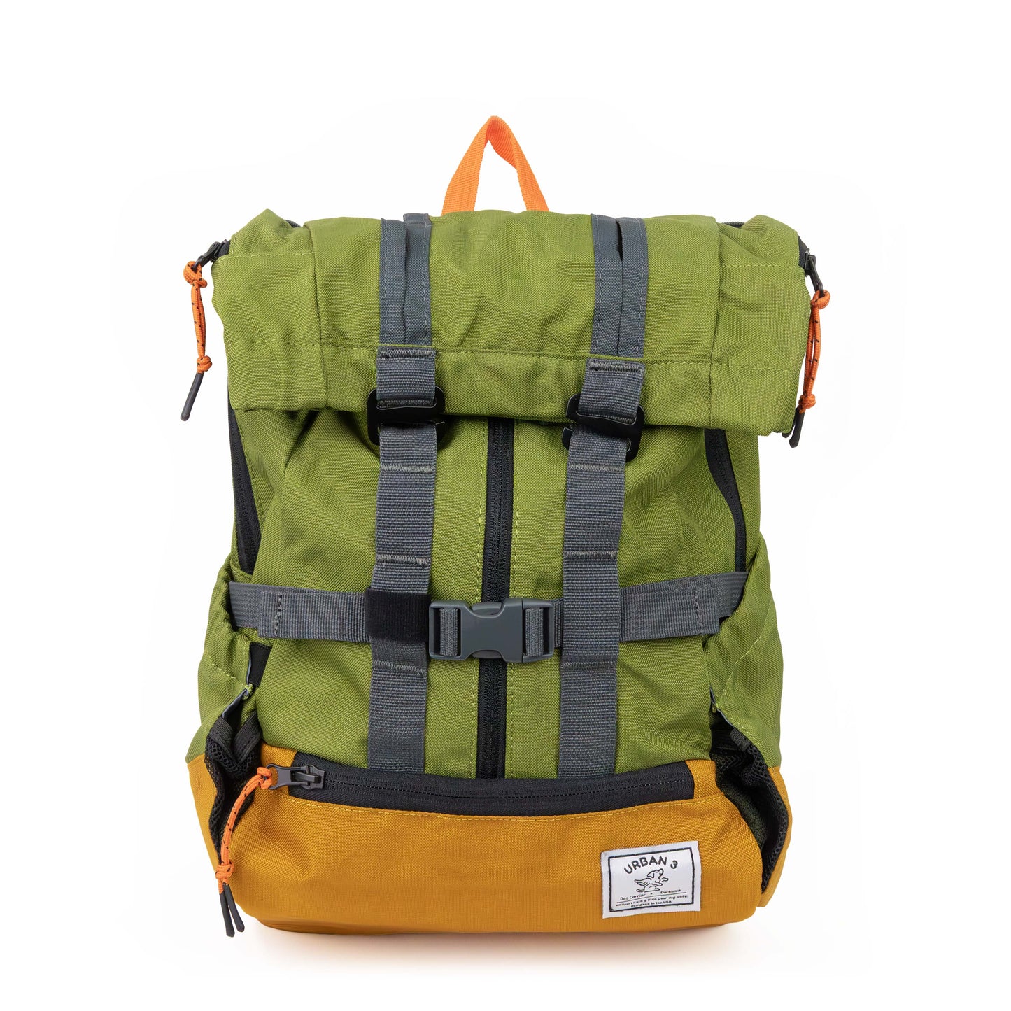 Green and mustard yellow backpack with gray straps on a white background