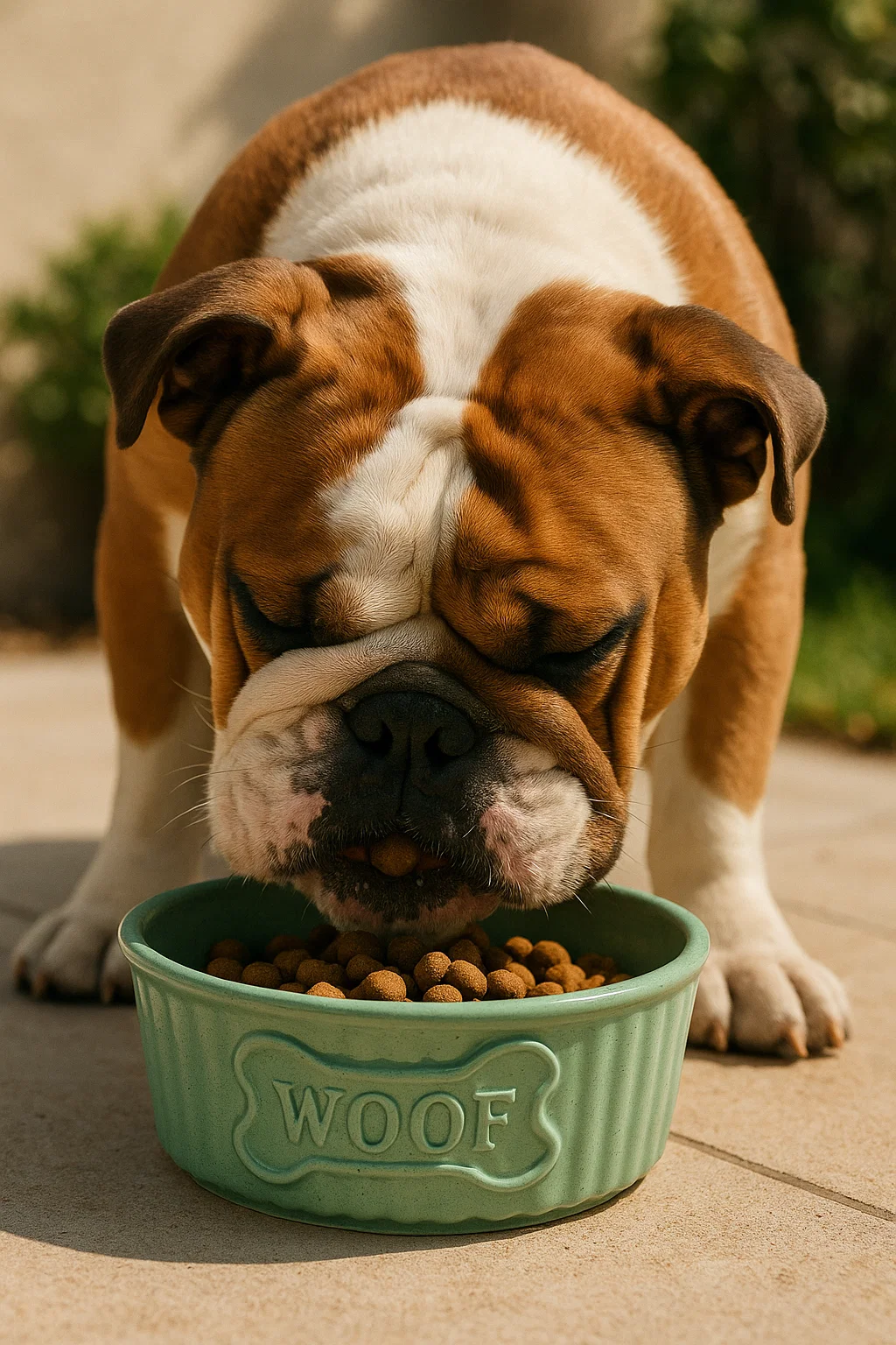 Dog eating from a green 'WOOF' bowl outdoors