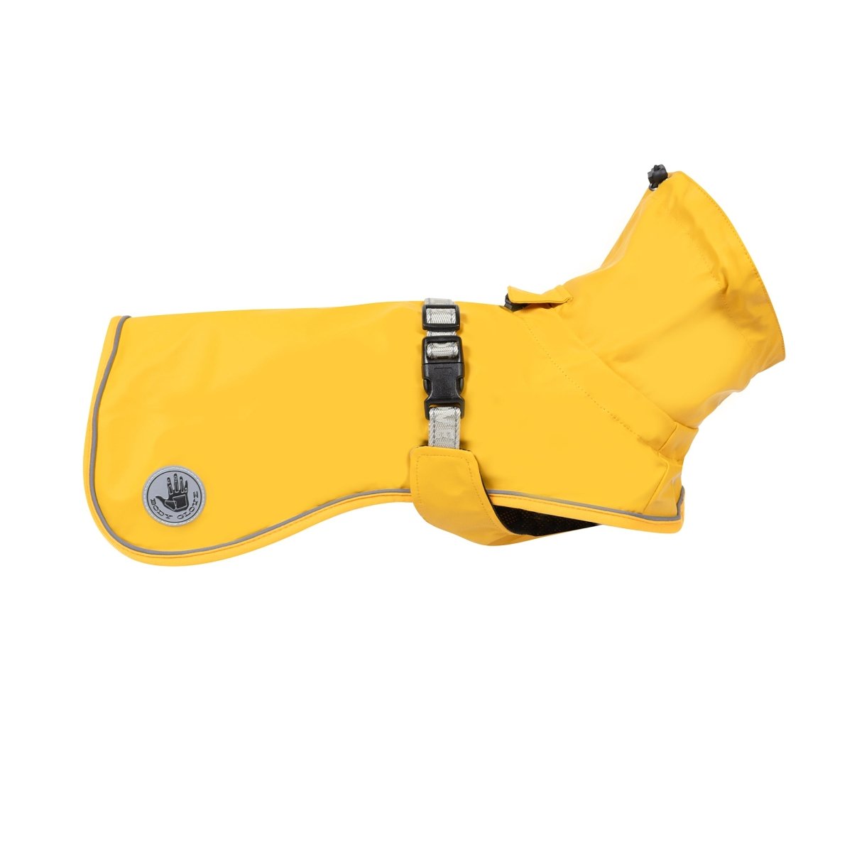 Yellow dog coat with reflective elements on a white background