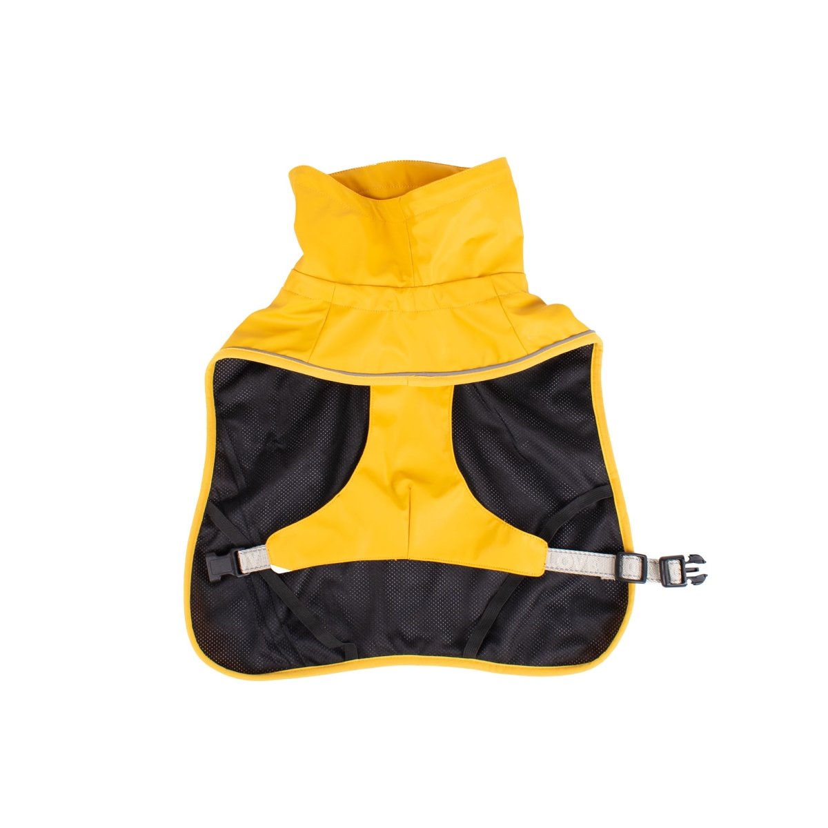 Yellow and black dog raincoat on a white background