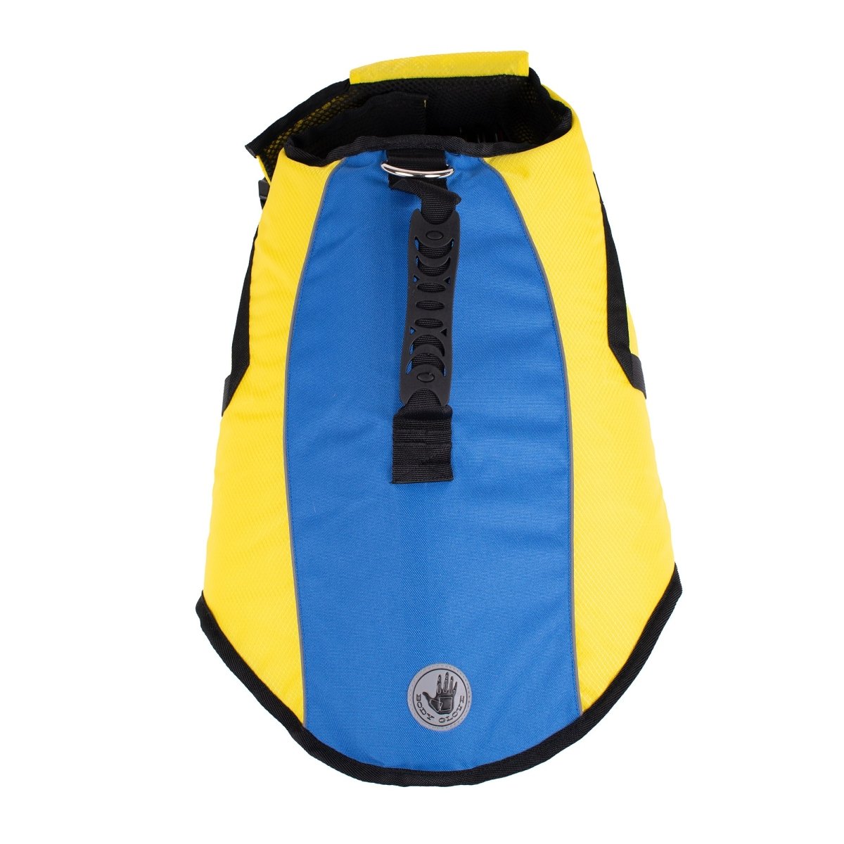 Yellow and blue dog vest with a brand logo on a white background