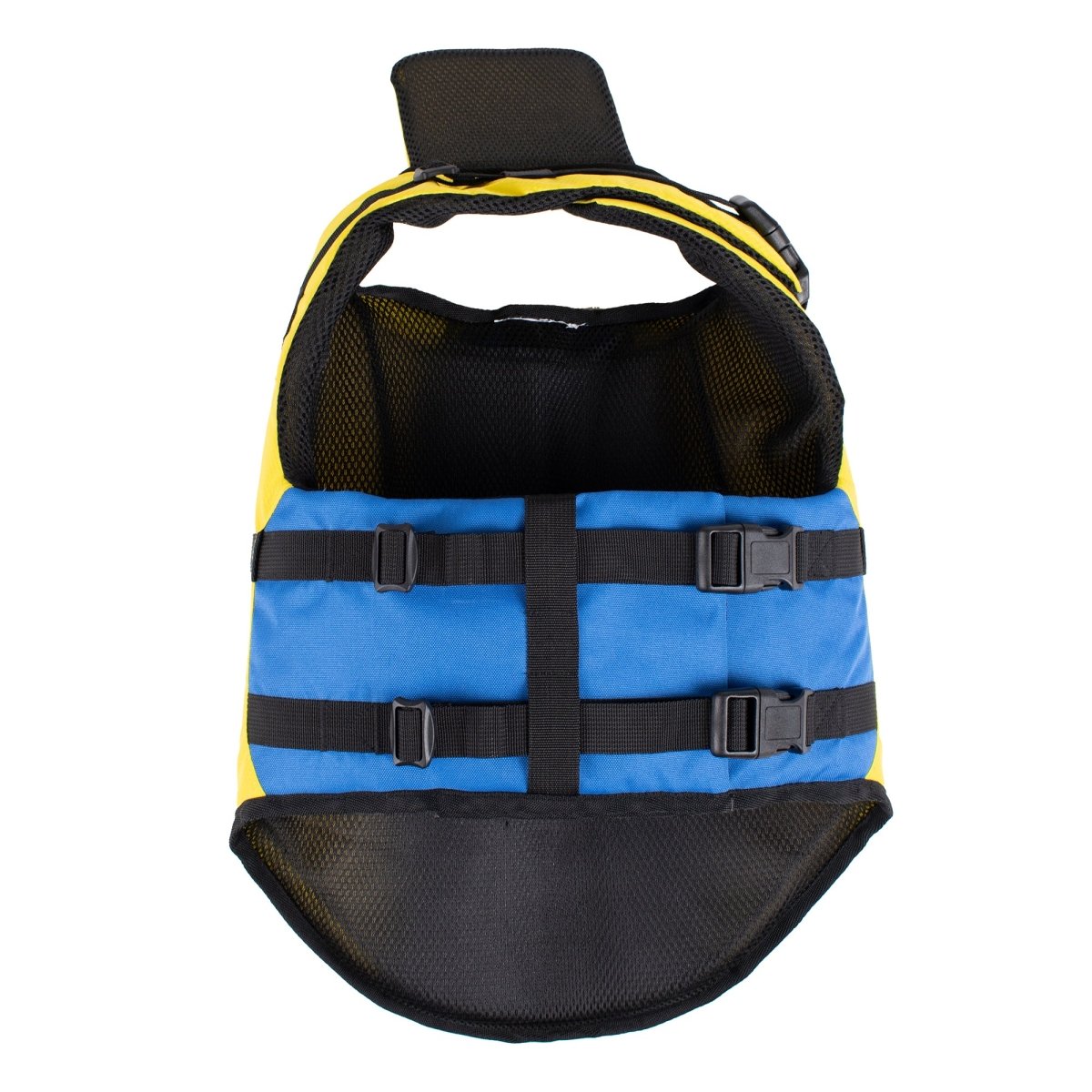 Blue and yellow dog life jacket on a white background