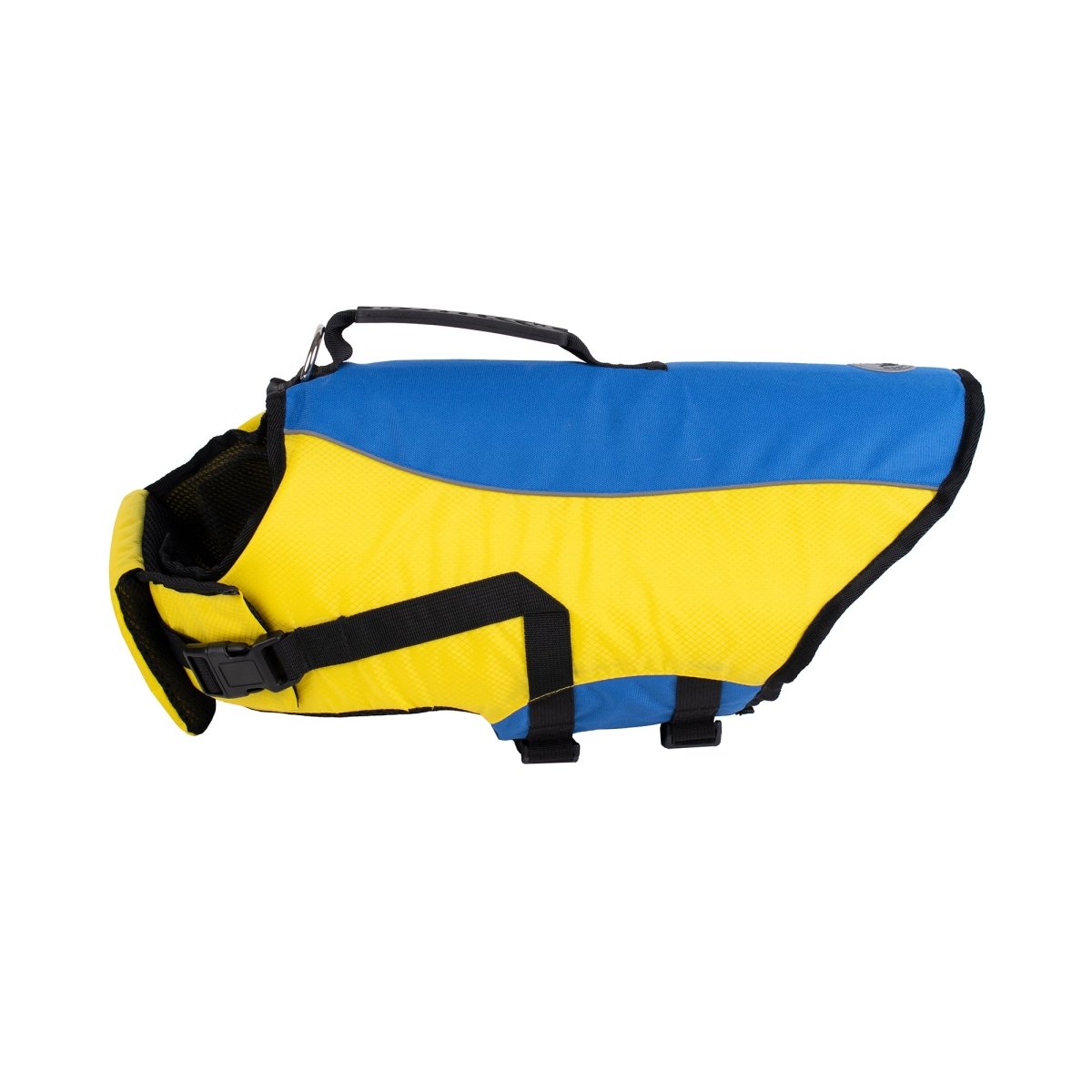 Blue and yellow dog life jacket on a white background