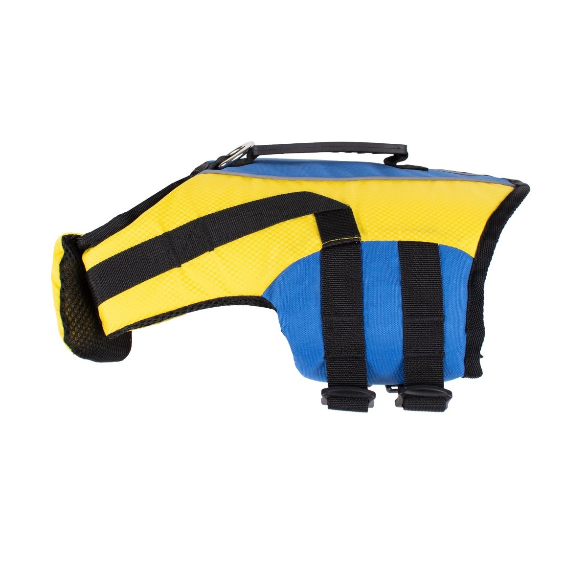 Yellow and blue dog life jacket on a white background