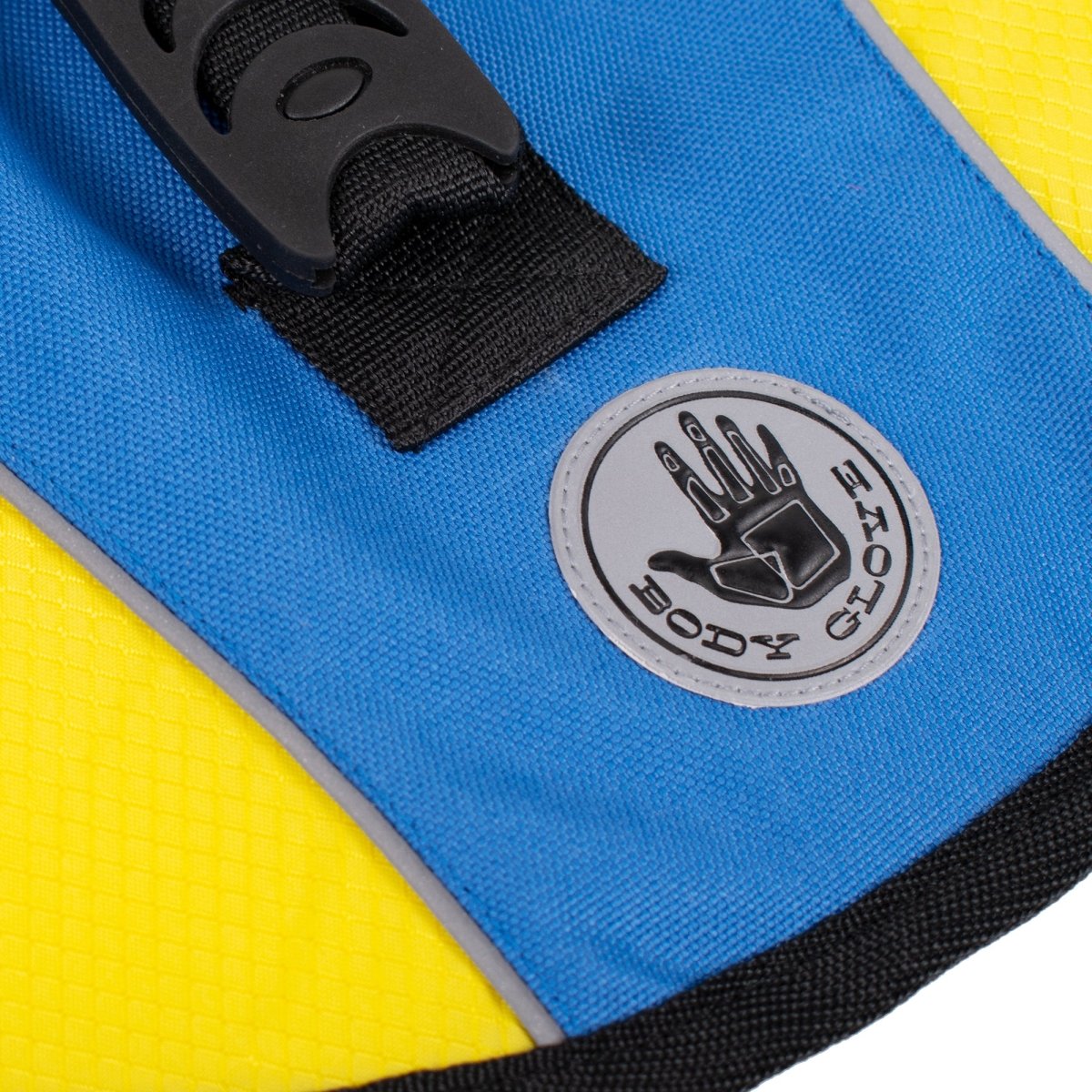 Close-up of a blue and yellow bag with a Body Glove logo.